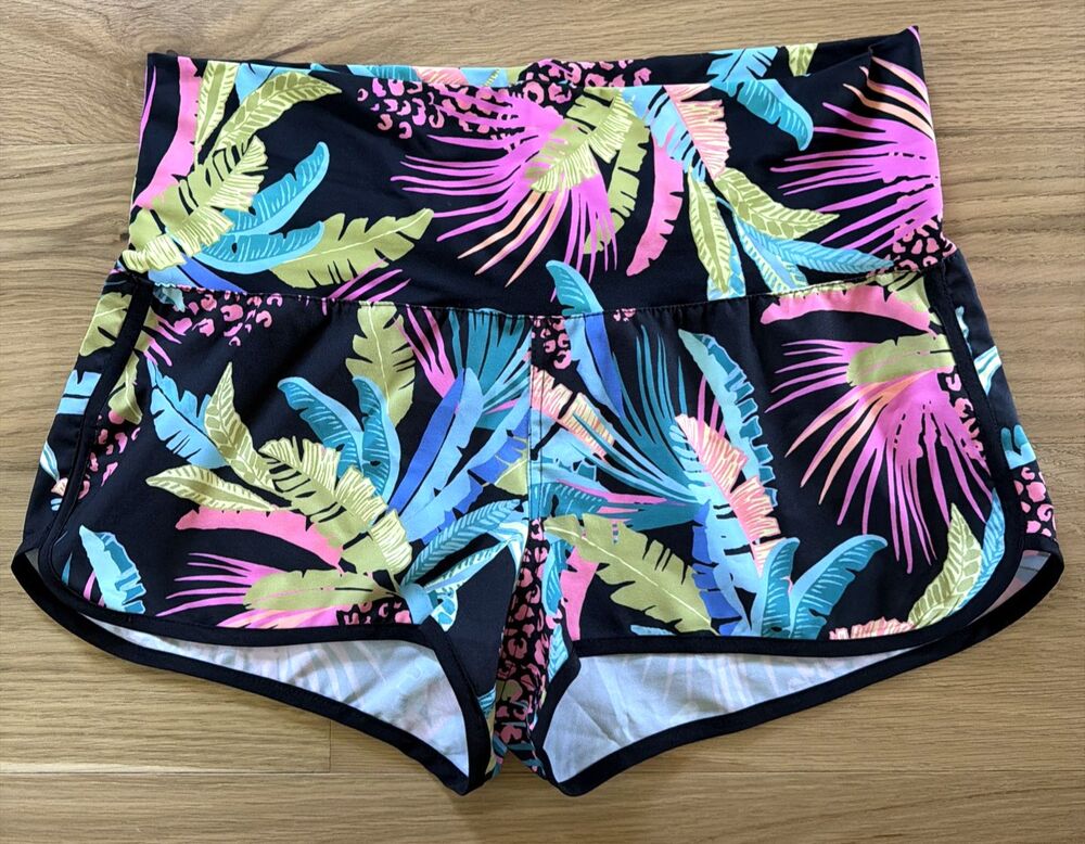 Raisins Aloha Short Tropical Animal Print Swim Bottoms L Black Multi Beach Pool